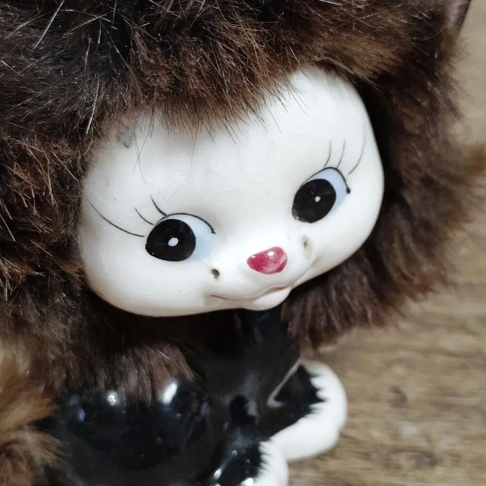 Vintage 50s Sweet Anthropomorphic Black Fuzzy Fur Cat Figurine Kitsch Japan